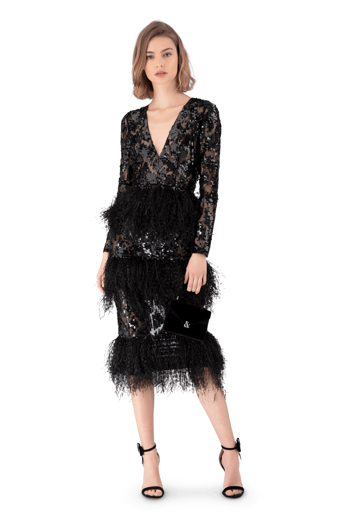 Black Invisible Tulle Embroidered V-Neck Midi Dress